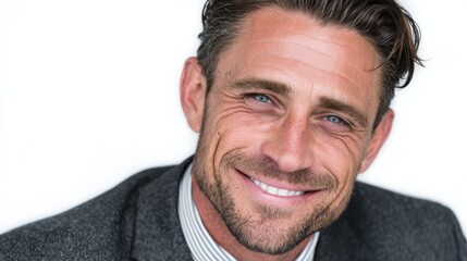 Portrait of a handsome businessman in suit smiling on face, isolated on white background
