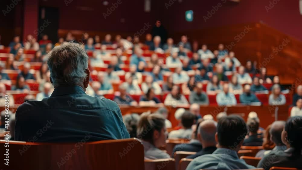 Poster A view from behind of a large audience in a lecture hall, all seated and facing towards the front. The perspective gives an impression of being part of the crowd in this educational setting.