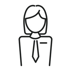 Obraz premium Business female icon stands in simple outline style, they are wearing a tie and collared shirt, against a white background.