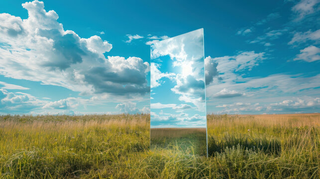 Mirror reflecting a beautiful sky in a grassy field