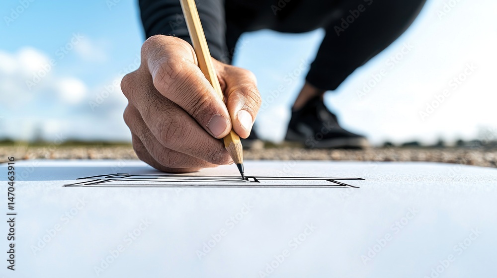 Poster person crouching using a pencil to create a drawing