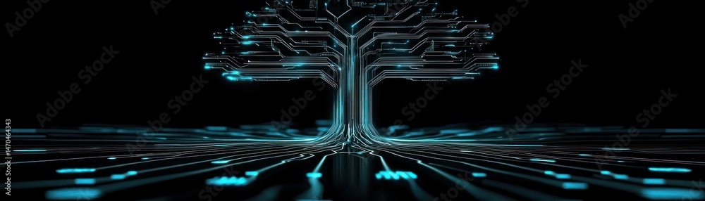 Poster an abstract illustration depicts a digital tree on a dark background