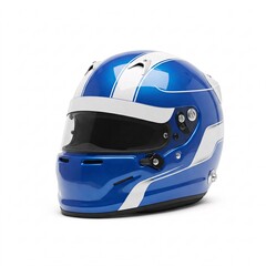 Blue racing helmet with white stripes and clear visor, isolated on white