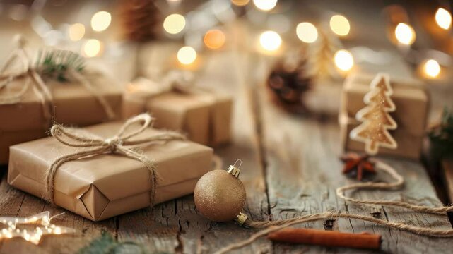 Warm-toned image displaying Christmas presents wrapped in simple brown paper and tied with natural twine, sitting on a rustic wooden table with soft golden bokeh lights creating a festive mood.