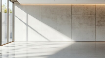 Obraz premium Spacious modern interior with sunlit concrete walls and floor.