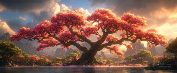 Majestic cherry blossom tree by a tranquil lake