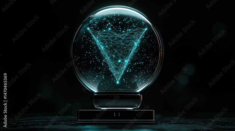 Poster a digital network inside a glowing glass orb resting below