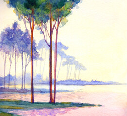 Watercolor landscape. Trees by the lake