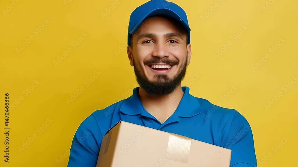 Poster a friendly delivery person in a blue uniform and cap is carrying a package with a smile against a br