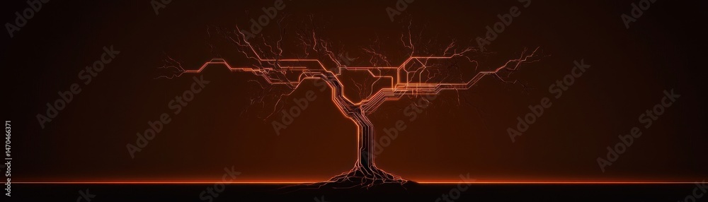 Poster a glowing orange digital tree with roots on a dark background