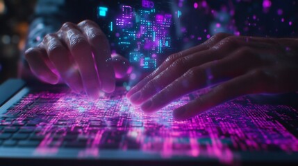 Blockchain developer hand editing smart contract laptop holographic code snippet of blockchain address transaction hash verification tick connected neon purple cyan line floating above keyboard tech