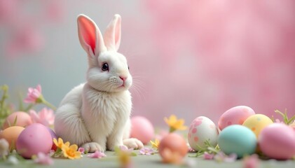 Adorable pastel candy easter bunny, sitting amongst colorful eggs and springtime flowers , chocolate bunny, basket, april