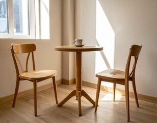 A cozy café interior with a small round wooden table, two chairs, and a window