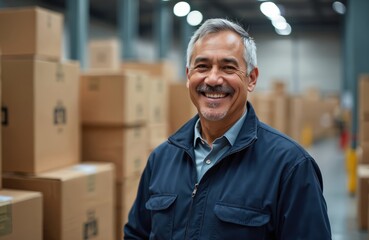 Hispanic male warehouse worker smiles at camera. Employee stands in front of boxes in distribution center. Supervisor, manager, specialist in uniform. Logistics, shipping and package delivery.