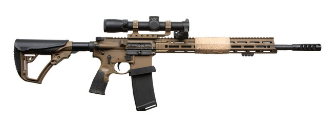 Customized AR platform rifle in desert tan with mounted optic and muzzle brake