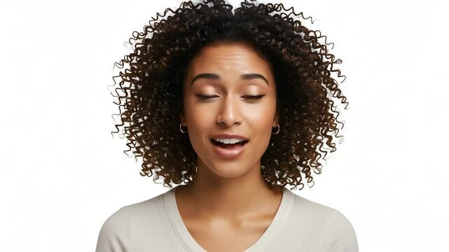 Close-up of a confident young woman with natural curly hair speaking directly to the camera. Clean white background, ideal for explainer videos, testimonials, and beauty or lifestyle content.

