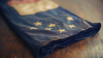 Faded flag with stars on wooden surface