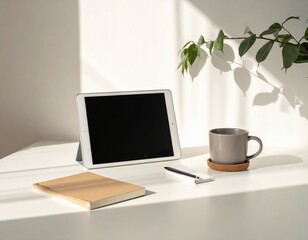 A minimalist desk scene featuring a digital tablet turned off, a closed noteboo