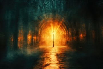 A solitary lamp illuminates a mysterious, foggy path through a dark, tree-lined tunnel.
