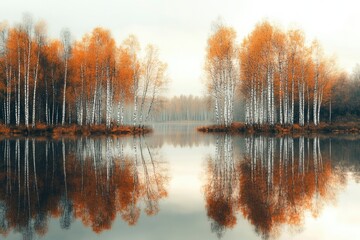Fototapeta premium Autumnal birch trees reflected in a still lake, creating a serene and symmetrical scene.