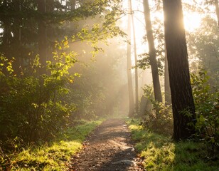 A peaceful forest walking path surrounded by tall trees and soft early morning 
