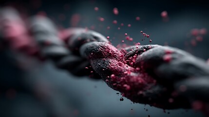 A dark, segmented object has small, scattered, crimson structures on its surface and around it.