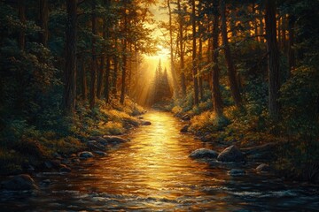 Fototapeta premium Golden sunlight streams through a forest, illuminating a tranquil river flowing through a serene landscape.