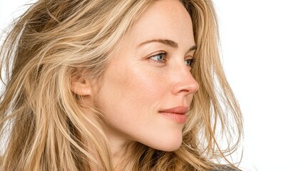 Fototapeta premium Close-up profile side view of a beautiful blonde woman, isolated on background