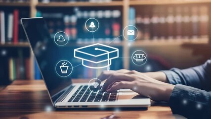 A person is working on a laptop with various education-related icons hovering above it, representing online learning and academic achievement. In the background, there's a blurred bookcase. - Powered by Adobe