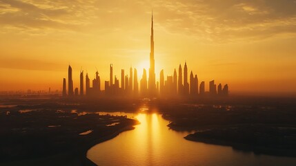 City silhouette with sunset and birds crossing skyline high resolution picture