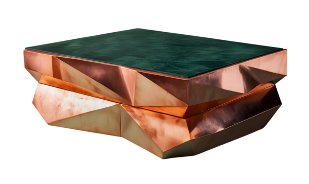 Geometric copper coffee table with a dark green top.  Unique, faceted design