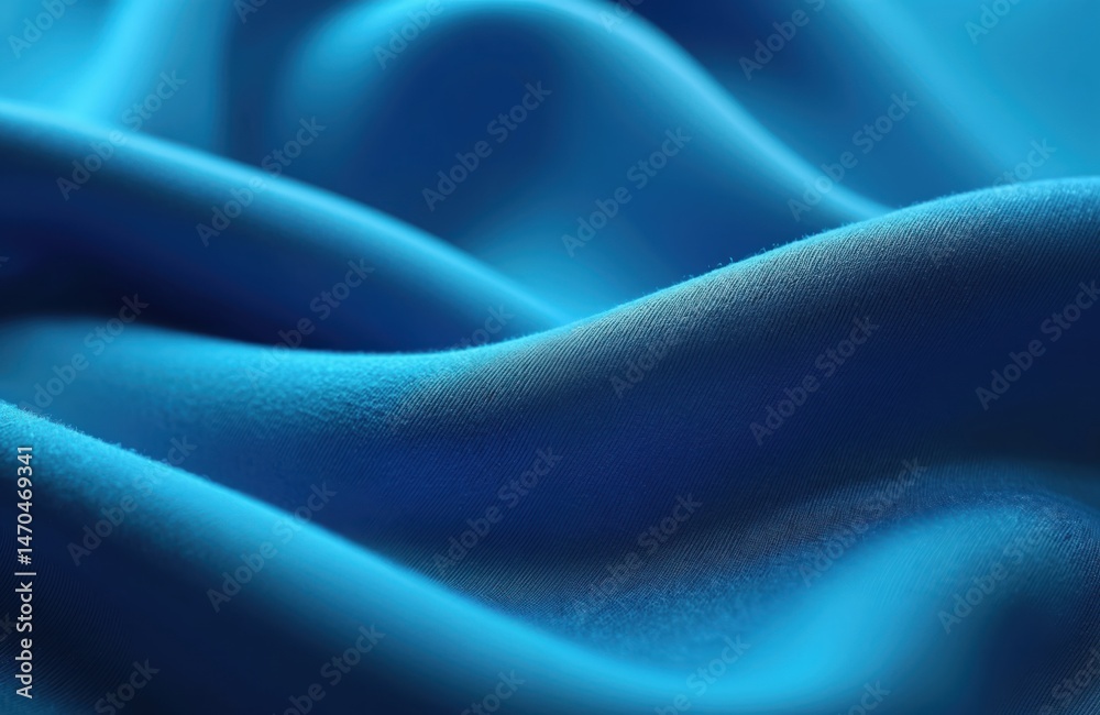 Aufkleber Abstract blue fabric texture. Closeup shot of elegant cloth with smooth surface and wave folds. Textile material creates soft drapery. Fashion background for clothes and design. Silky curves.