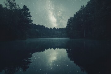 Starry night sky reflected in a tranquil lake surrounded by a dark forest.