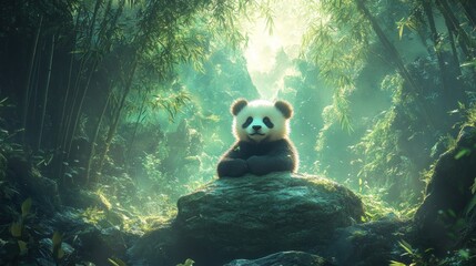 A serene panda rests on a rock in a lush bamboo forest, bathed in sunlight filtering through the leaves