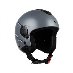 Gray matte motorcycle helmet with white stripes, isolated on white background.