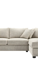 A beige sectional sofa with plush cushions and clean lines sits against a black background