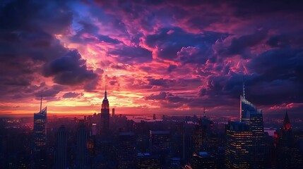 Naklejka premium City skyline view at dusk with colorful clouds high resolution picture