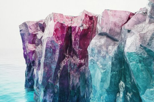 Surreal crystalline rock formation emerges from turquoise water, showcasing vibrant purple, pink, and teal hues.