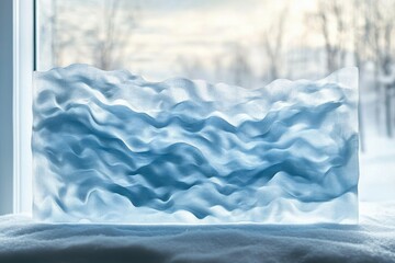 Abstract blue ice sculpture with wavy texture, resembling frozen waves or a snowdrift, sits on snow against a blurred winter landscape.