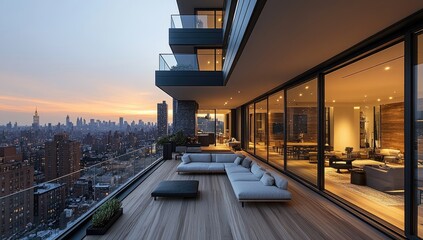 Obraz premium Modern penthouse balcony overlooking cityscape at twilight