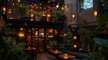 An outdoor bar area with lights and many lush green plants