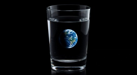 Earth Reflected in Water Glass Against Black Background  