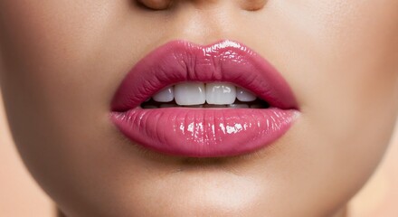 Fototapeta premium Close-up of glossy pink lips with natural skin
