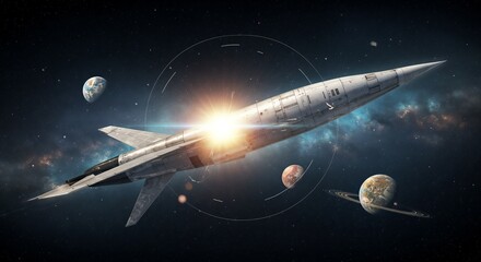 Space rocket soaring through galaxies with planets in background  