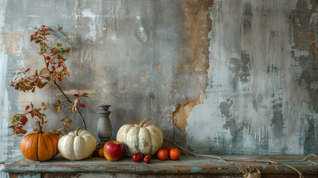 Rustic autumn still life pumpkins apples gourds harvest thanksgiving decor