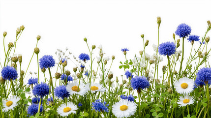 Assorted wildflowers including chamomile, cornflowers, and clover arranged in natural lines on white background © Alla