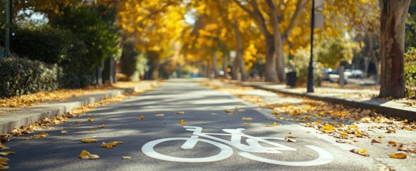 Autumnal bike path lined with golden trees.