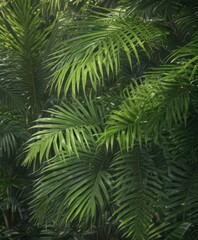 Vibrant green palm leaves, sunlight dappled, lush texture ,  tropical plants,  greenery