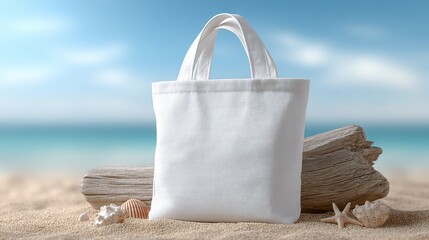 Serene beach scene white tote bag with driftwood and seashells