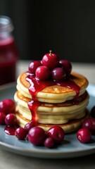 A stack of fluffy pancakes topped with vibrant red cranberries and drizzled with syrup, served on a plate with a jar of juice in the background